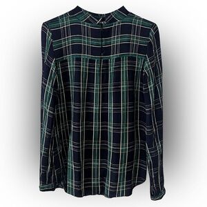 LOFT Plaid Long Sleeve Blouse | Navy Green | Button Back